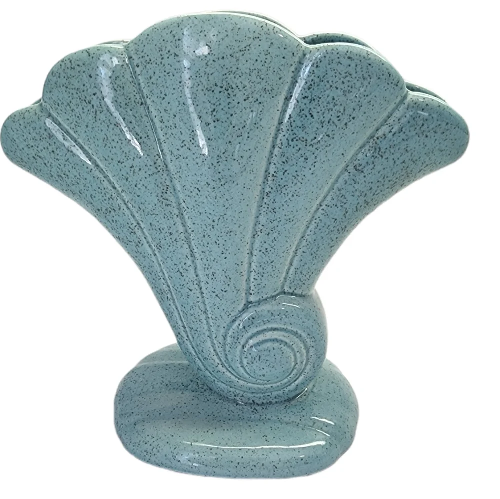 Vintage Red Wing Teal Blue Ceramic Fan Shell Vase